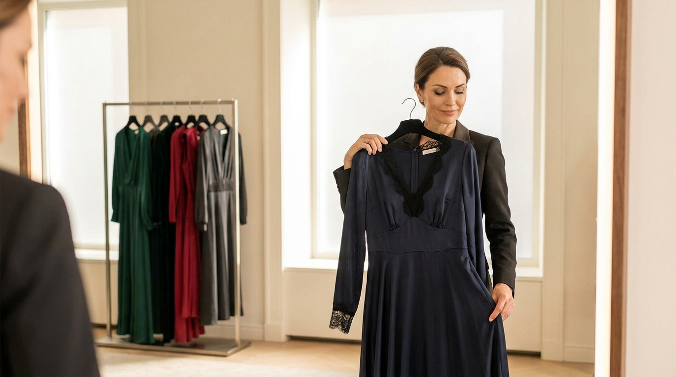 Une femme élégante contemple une robe longue bleu nuit dans un miroir.