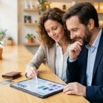 Un couple regarde un graphique de dépenses sur une tablette numérique.