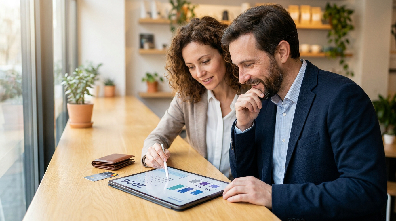 Un couple regarde un graphique de dépenses sur une tablette numérique.