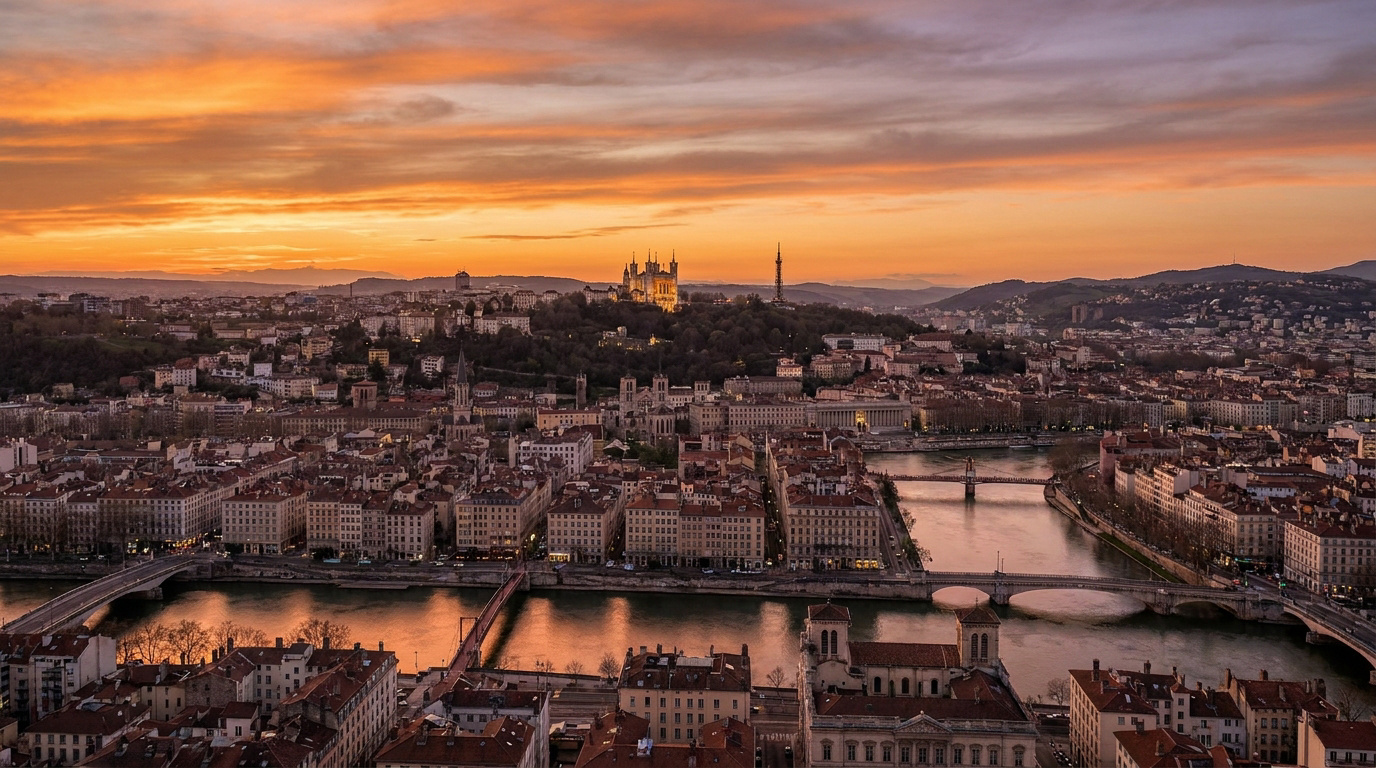Vue aérienne panoramique de Lyon au coucher du soleil avec la basilique de Fourvière illuminée surplombant la ville.