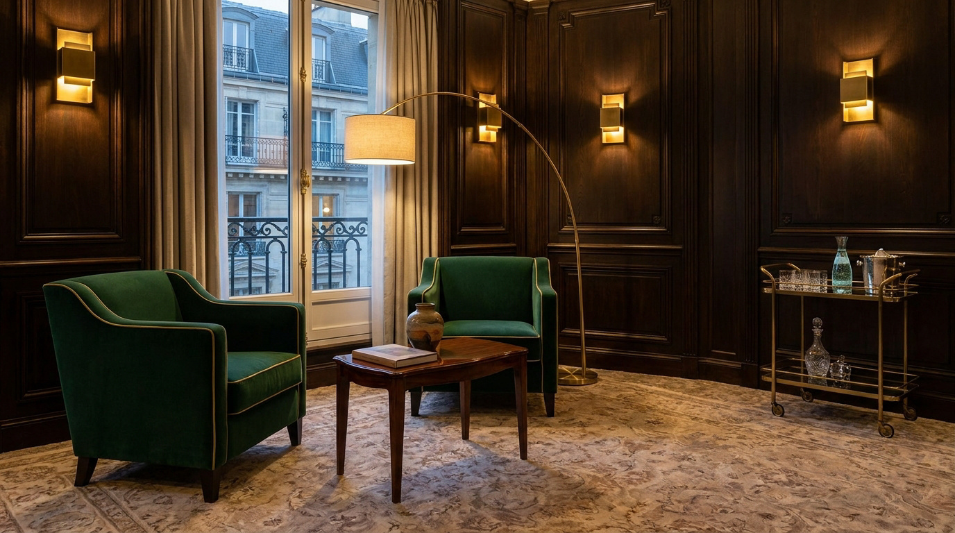 Salon raffiné avec fauteuils verts, boiseries sombres, éclairage chaleureux et vue sur un balcon parisien typique.