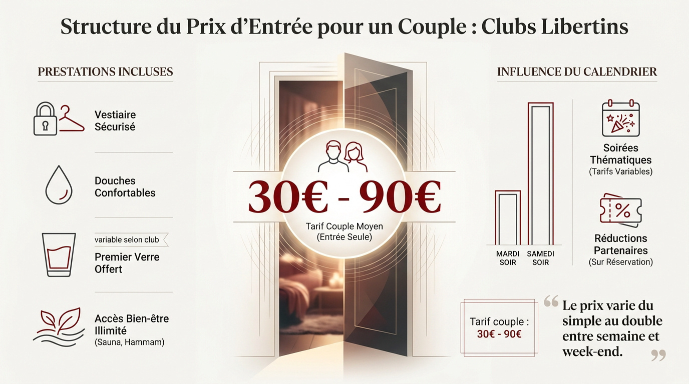 Couple consultant les tarifs à l'entrée d'un club libertin
